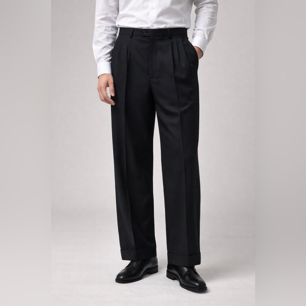 Zanella Dress Pants Men's 36x30 Black 100% Wool Pleated Cuffed Hem Made in Italy